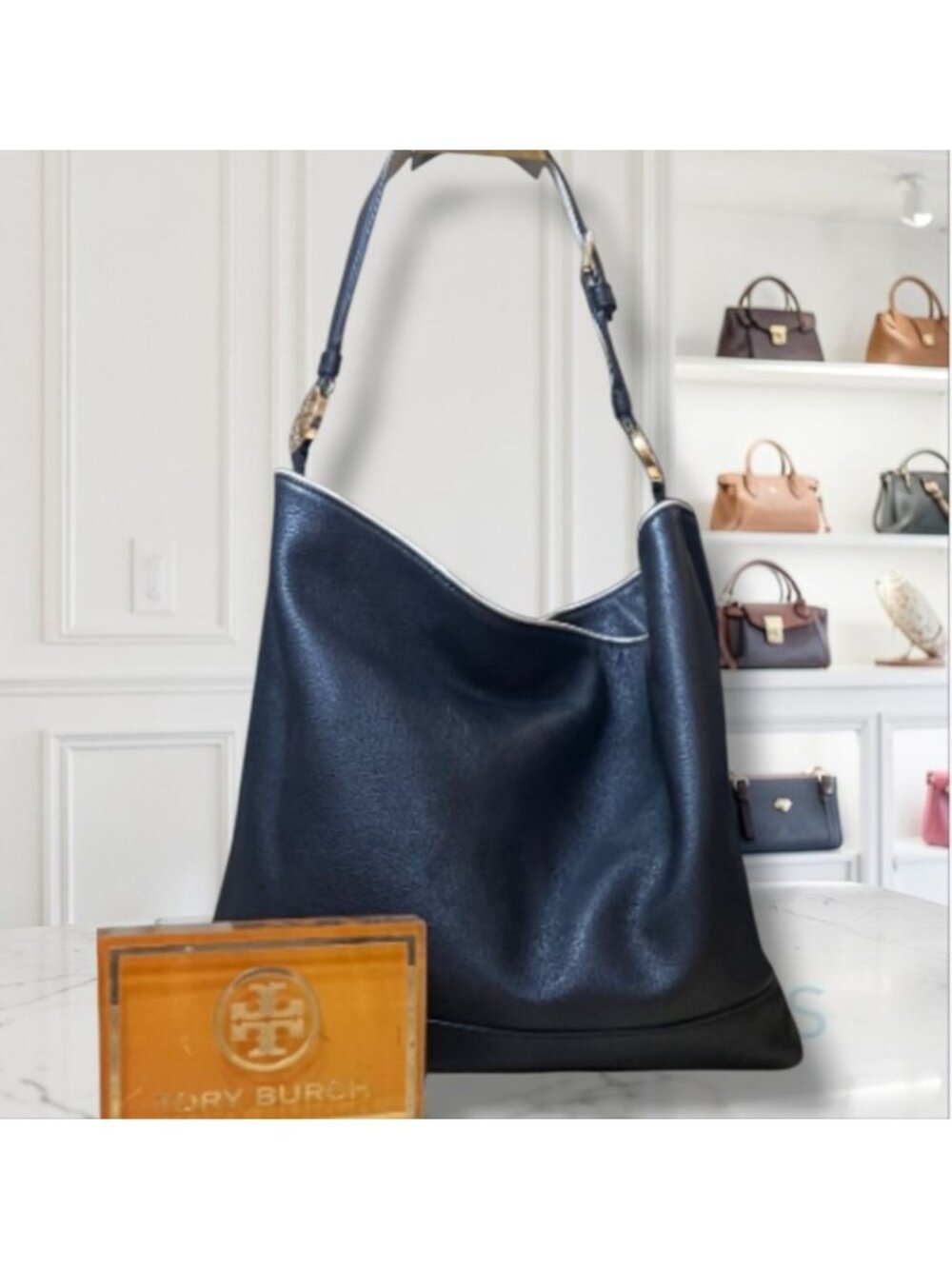 AUTHENTIC TORY BURCH Vintage Black Hobo with White Piping!  RARE!